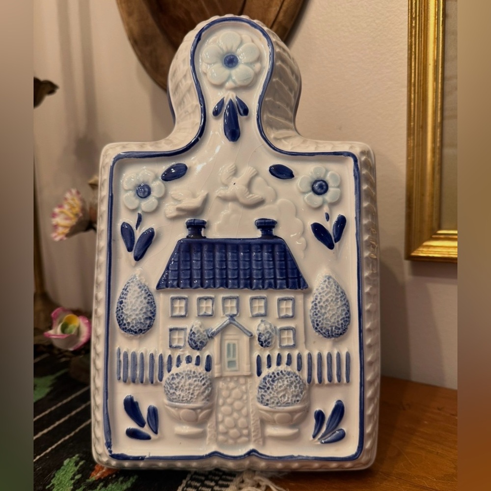 Vintage Hand Painted Blue and White Ceramic House Jello Mold